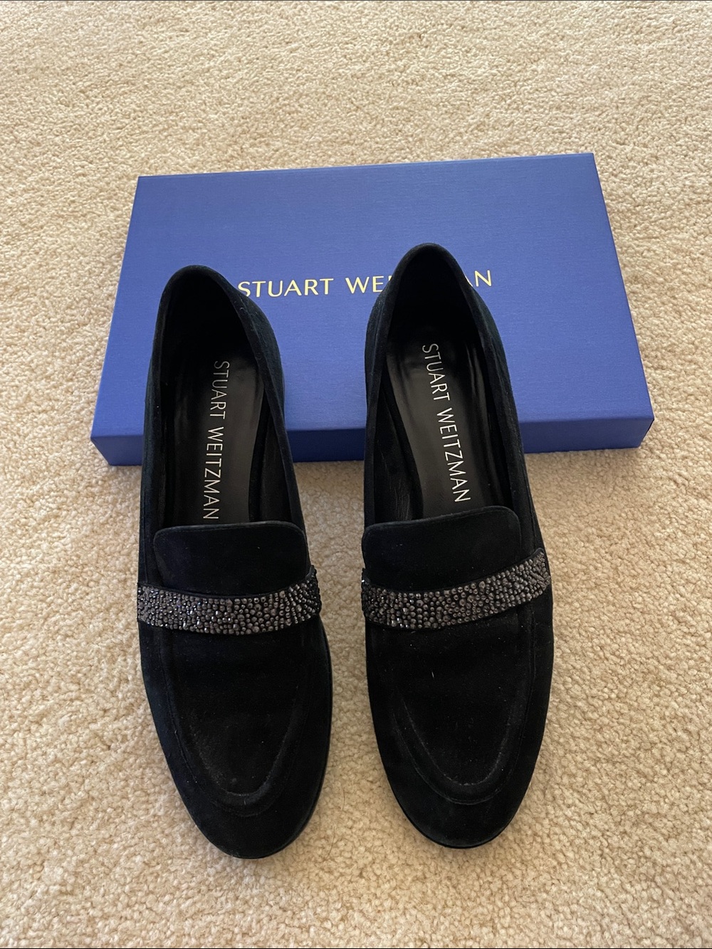 Stuart Weitzman Palmer Black Sleek Royal Suede Loafer, Crystal-Embellished Strap